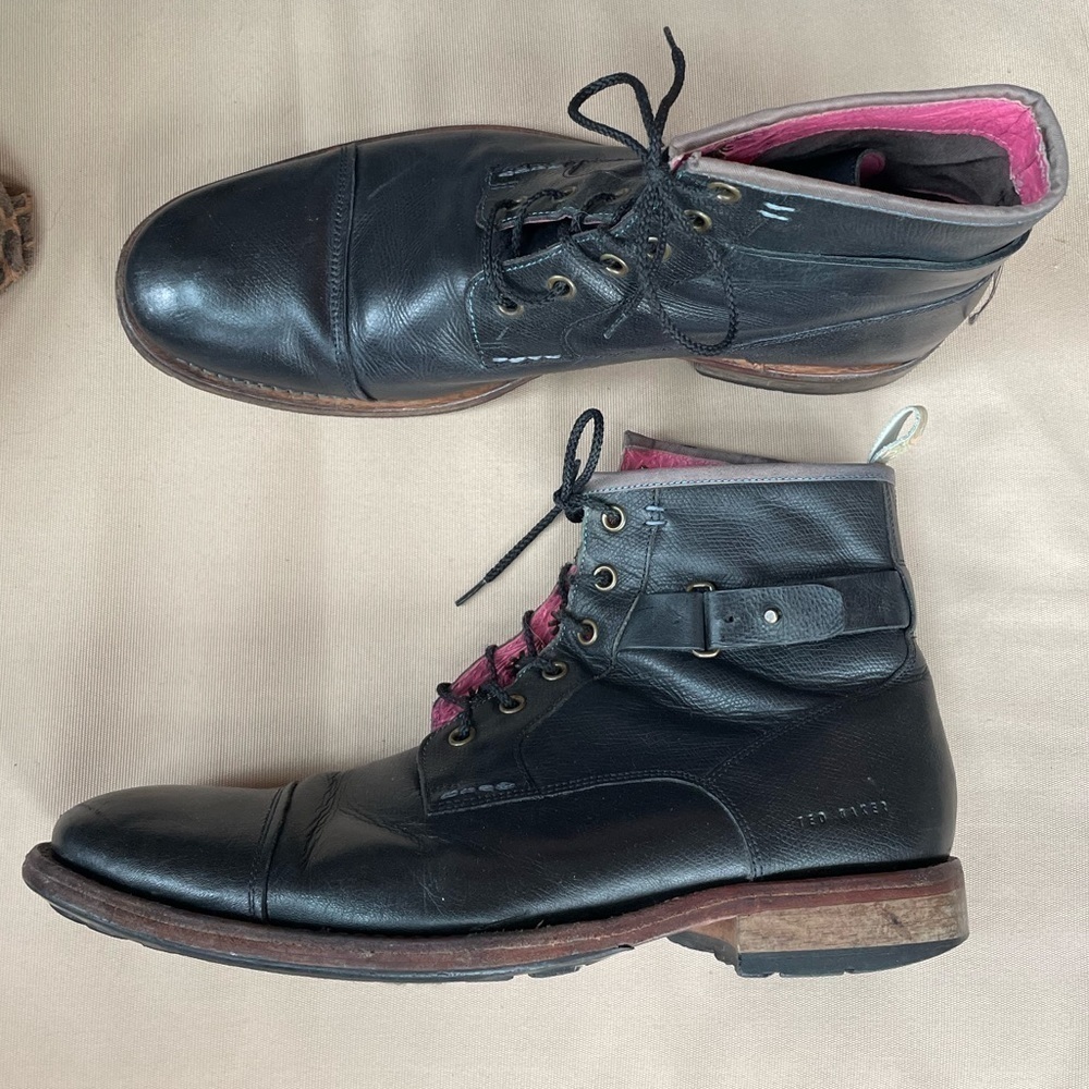 Ted Baker Leather Lace Up Motorcycle Boot in Black Size 10‎